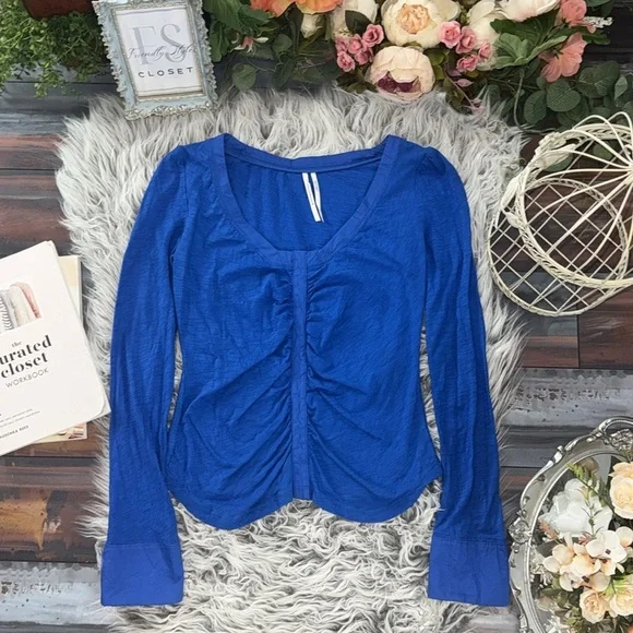 Anthropologie Royal Blue Ruched Long-Sleeve Top Luxe Sculpted Minimalist Chic - Picture 4 of 9